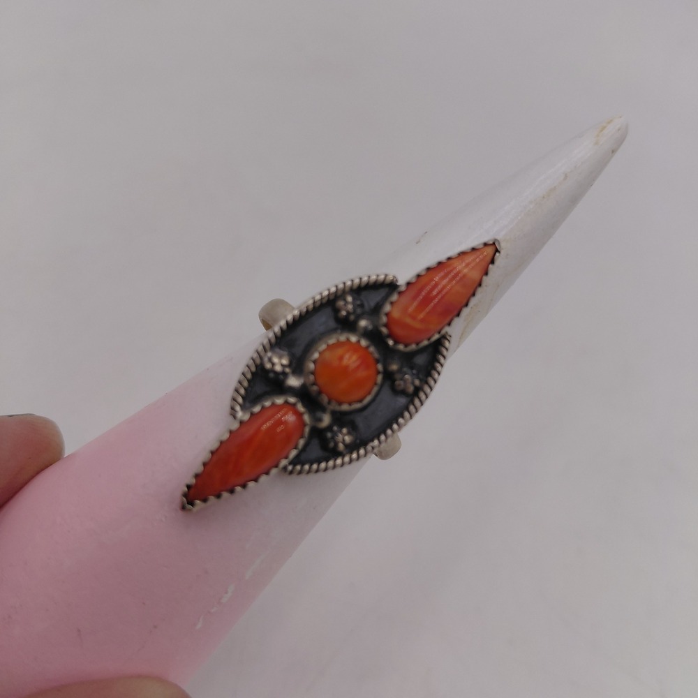 Vintage Sterling Silver Orange Coral style Adjustable Ring Southwestern Shield